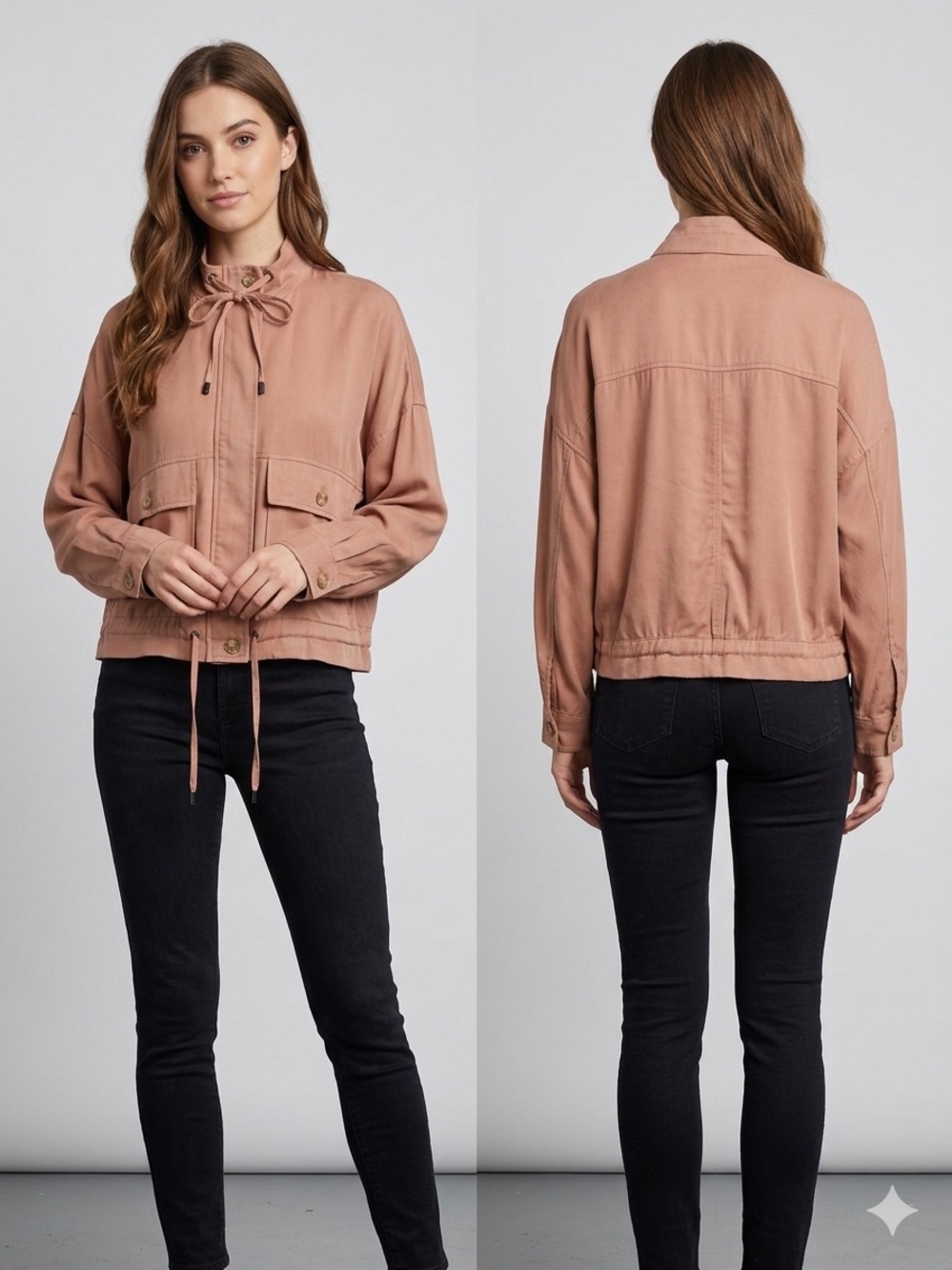 Forever Audrey Utility Jacket Women L Tan Brown Rayon Drawstring Cargo Safari